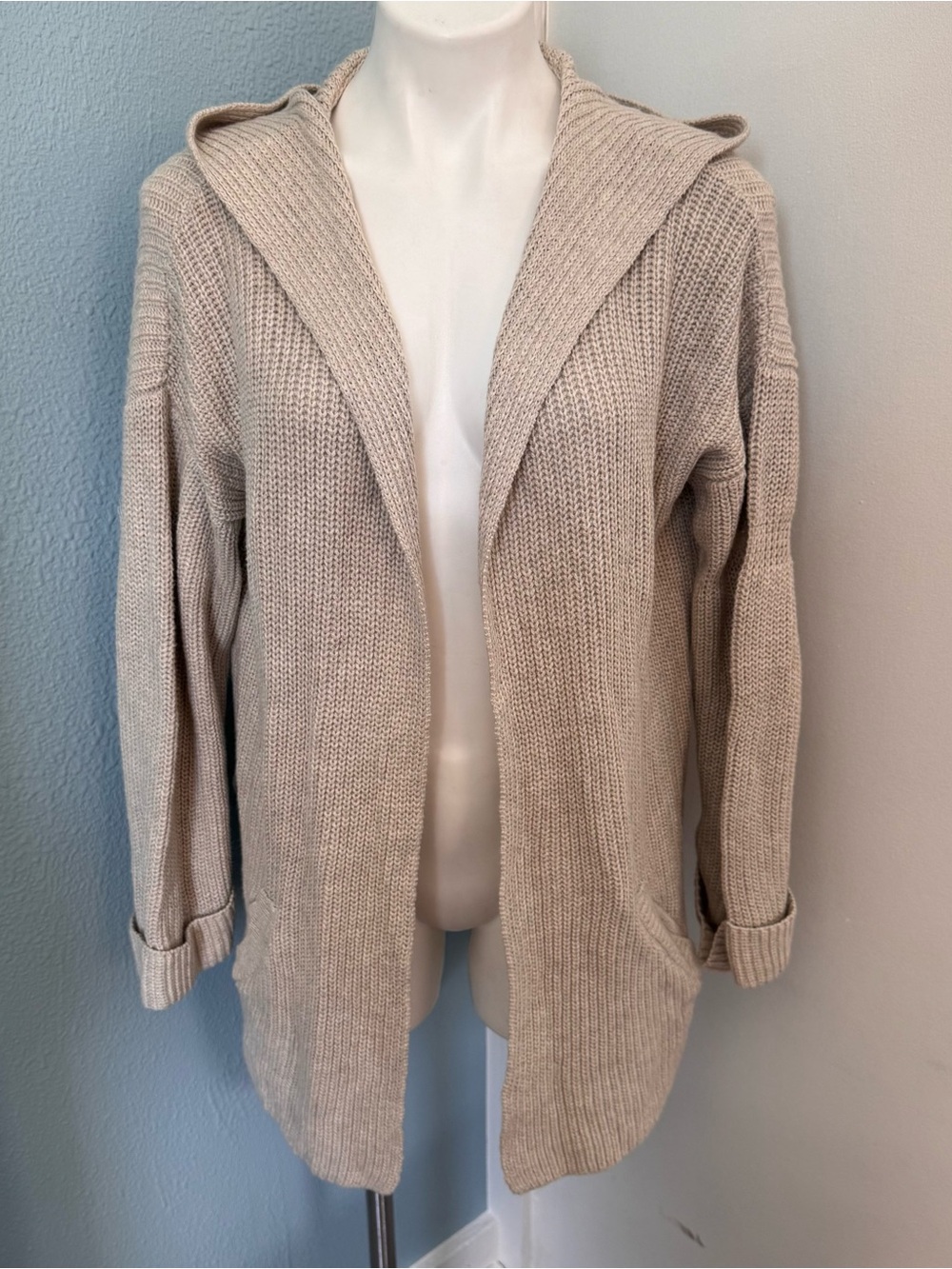 St. John's Bay Women's Large Open Front Beige Hooded Knit Cardigan Sweater
